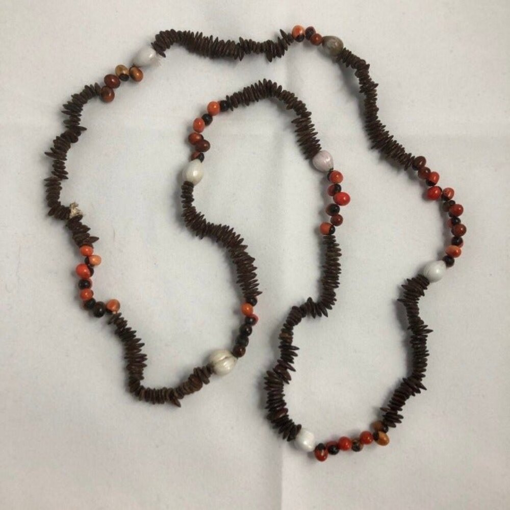 Wooden Bead Necklace Brown White Red Handmade